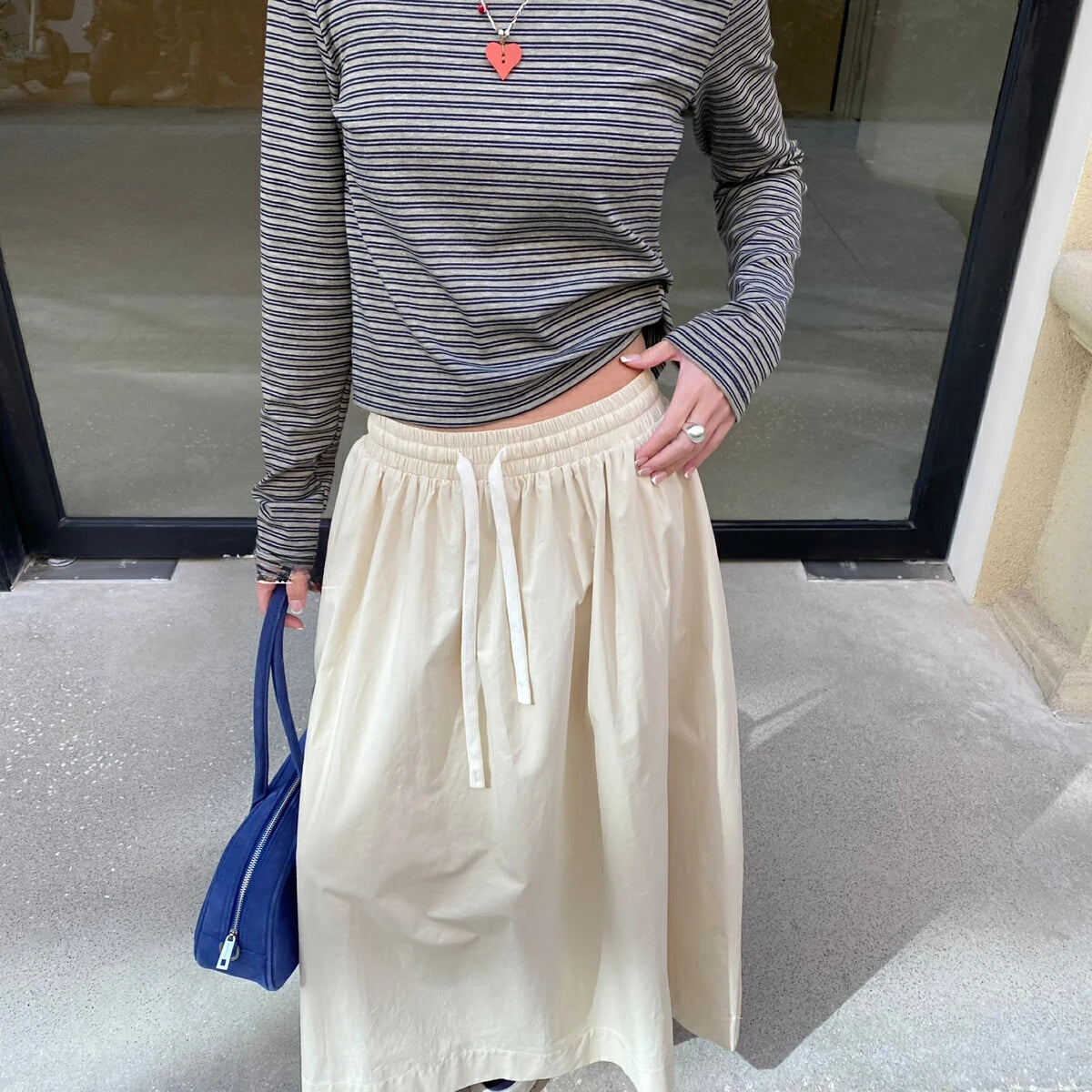 Women Elastic Waist Skirts with Drawstring High Waist Casual Yellow Midi Skirt 2025 New In