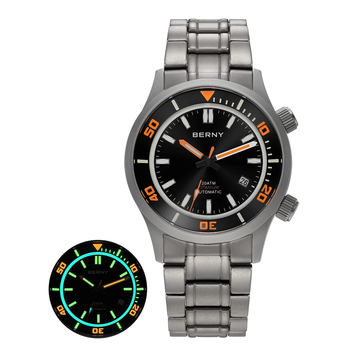 BERNY Men's Full Titanium Diver Watch with Luminous Sapphire and Miyota Movement