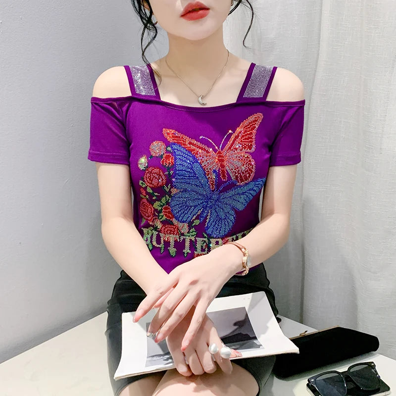 New Ladies Clothes Butterfly Letter Design T-Shirt Sexy Off Shoulder Shiny Diamonds Women Chic Mesh Tops Tees Shirts