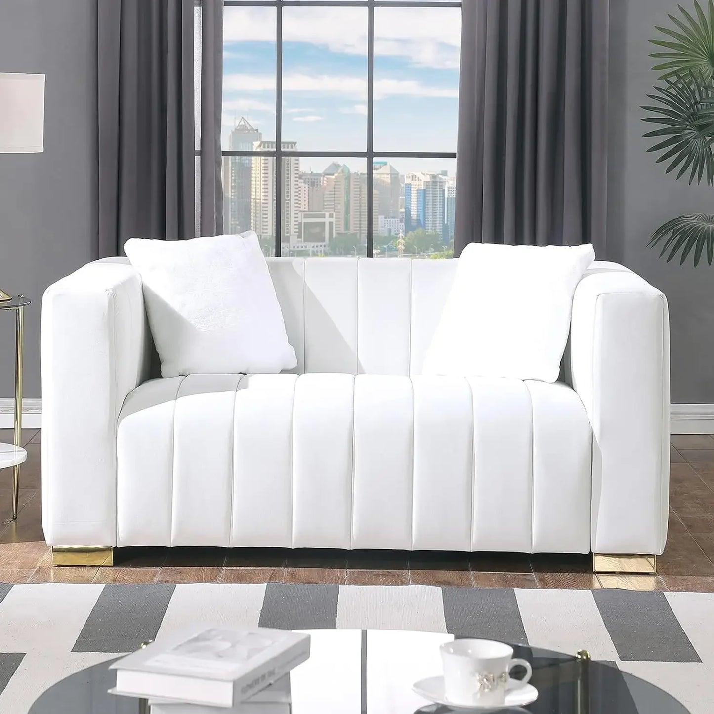 Living Room Furniture Set-2 Piece,Including Loveseat and 3-Seater Sofa Couch with Channel Tufted Velvet Fabric,4 Pillows,White