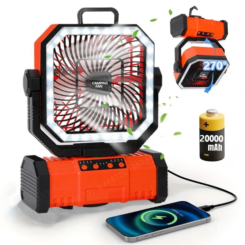 30000mAh Camping Fan with LED Lantern, Rechargeable Battery Operated Oscillating with Remote Hook Steroage Bag