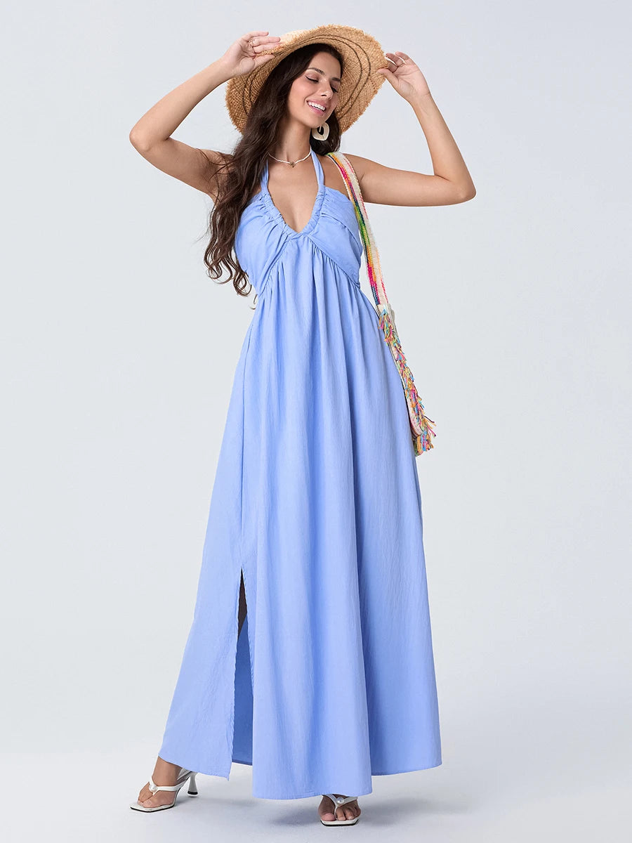 Women Summer Casual Long Dress Solid Color Tie-Up Halter Neck Sleeveless Dress Beach Holiday Backless Dress