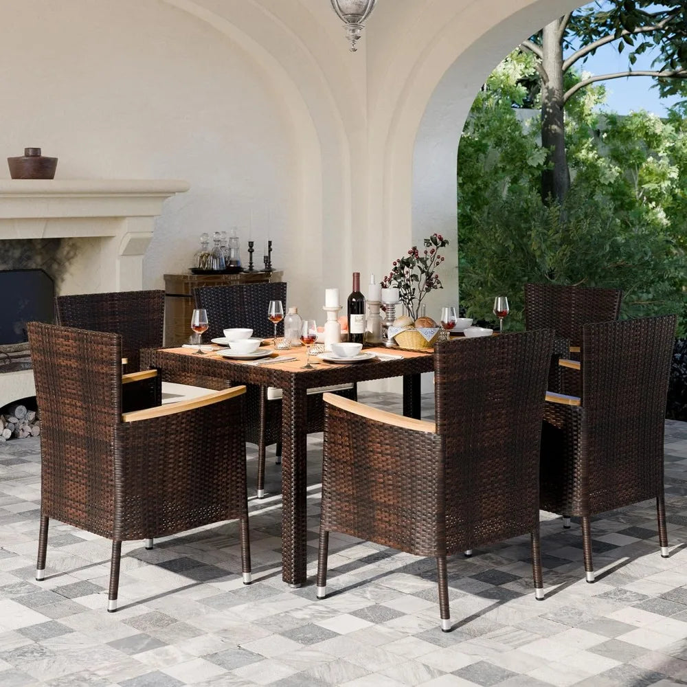 Wicker Patio Furniture Set with Wood Table and 6 Chairs with Soft Cushions for Yard, Garden, 7 Pieces Outdoor Patio Dining Set