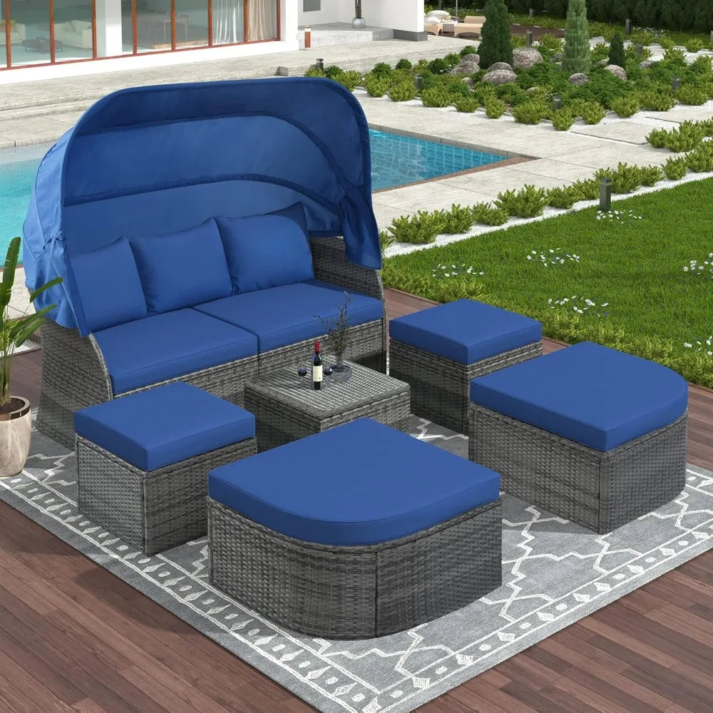 Patio Daybed with Retractable Canopy & Lift-top Table, Wicker Rattan Outdoor Furniture Conversation Set w/Upholstered