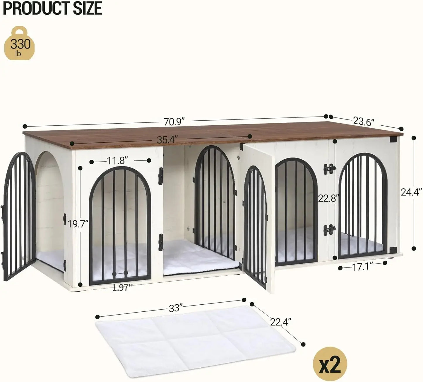 Dog Crate Furniture, 71" Heavy Duty Dog Kennels with Divider, Pads, Side Table, TV Cabinet,Anti-Chew Anti-Escape, White Brown