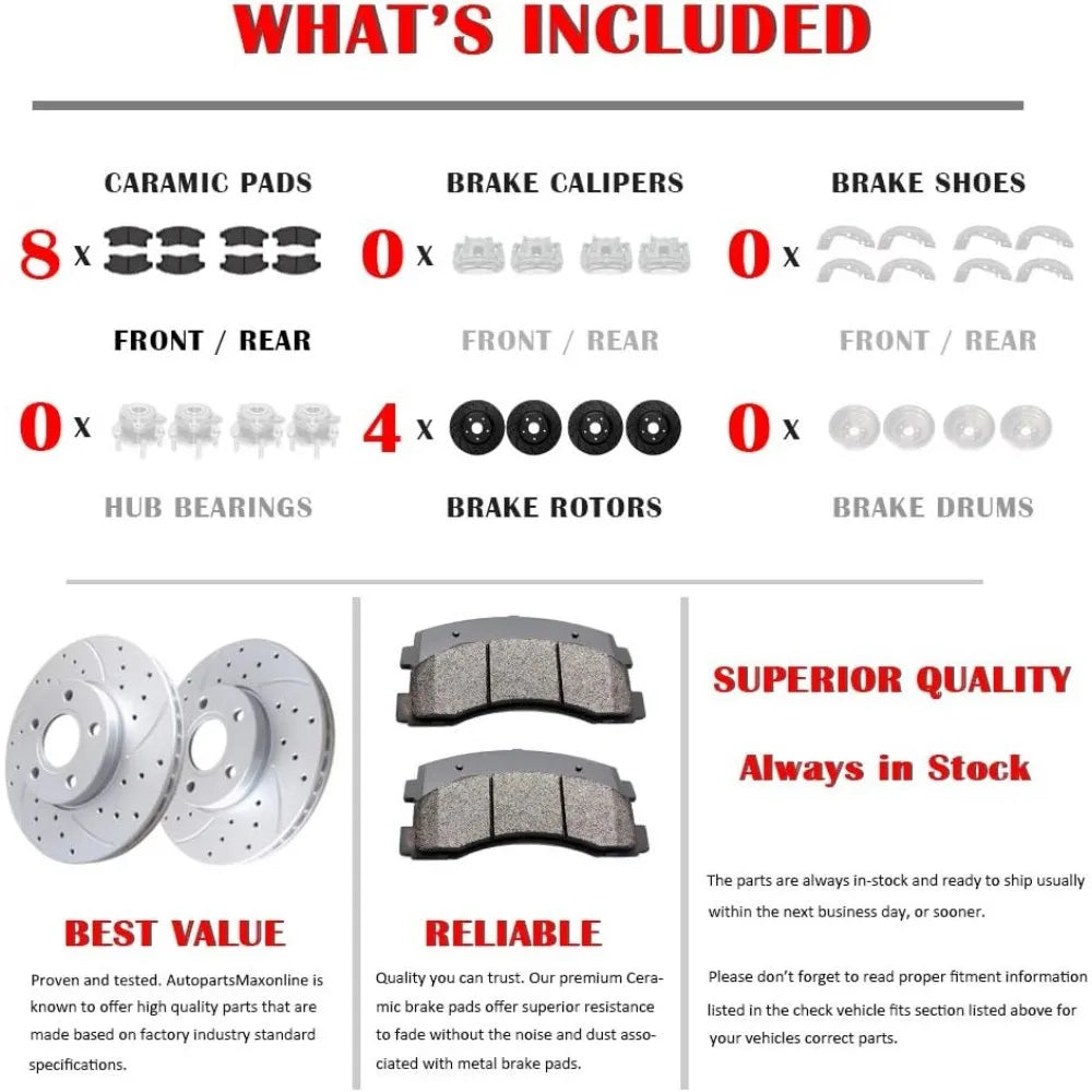 Front and Rear Brake Rotors with Ceramic Brake Pads for Dodge Ram 1500