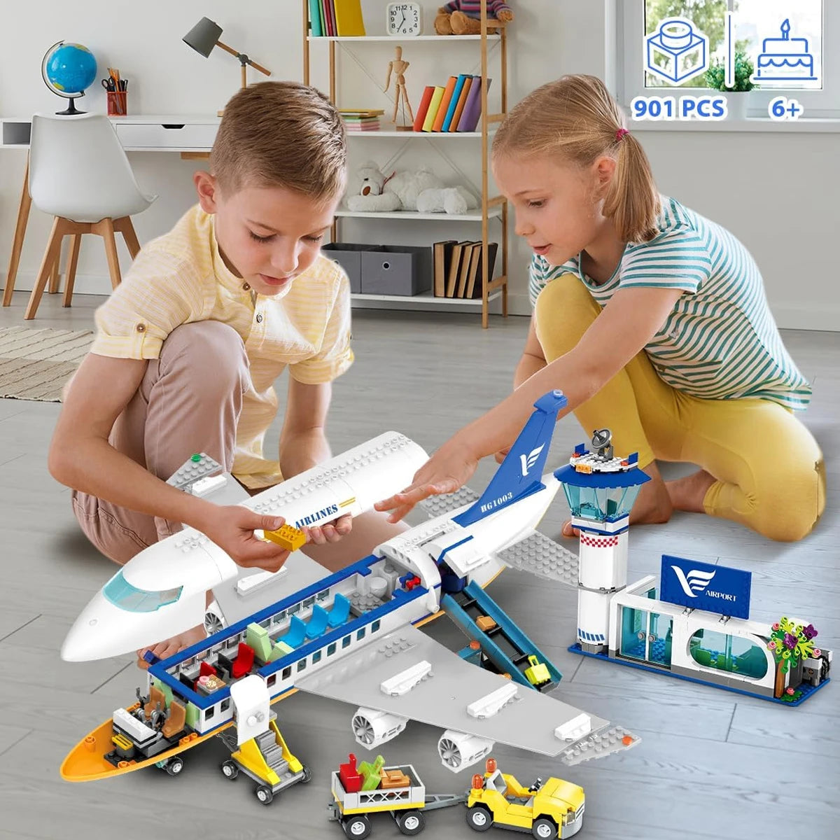 HOGOKIDS  Airplane Building Set with LED, Plane Building Blocks with Airport Terminal Luggage Trailer Toys Gifts for Kids Age 6+