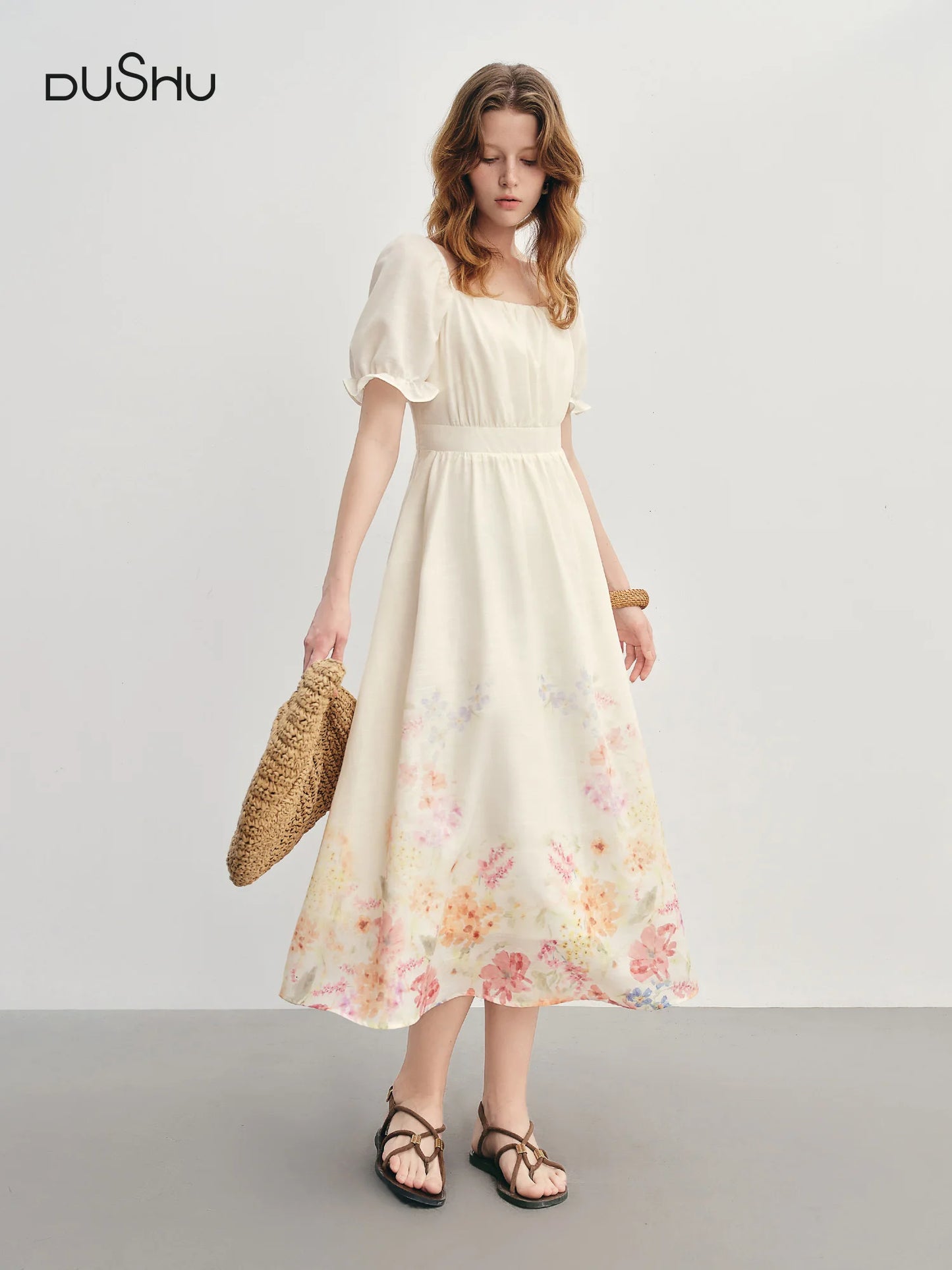 DUSHU Summer 2025 Textured Floral Dress - Regal Bubble Sleeve Fluid Silhouette Resort to Office