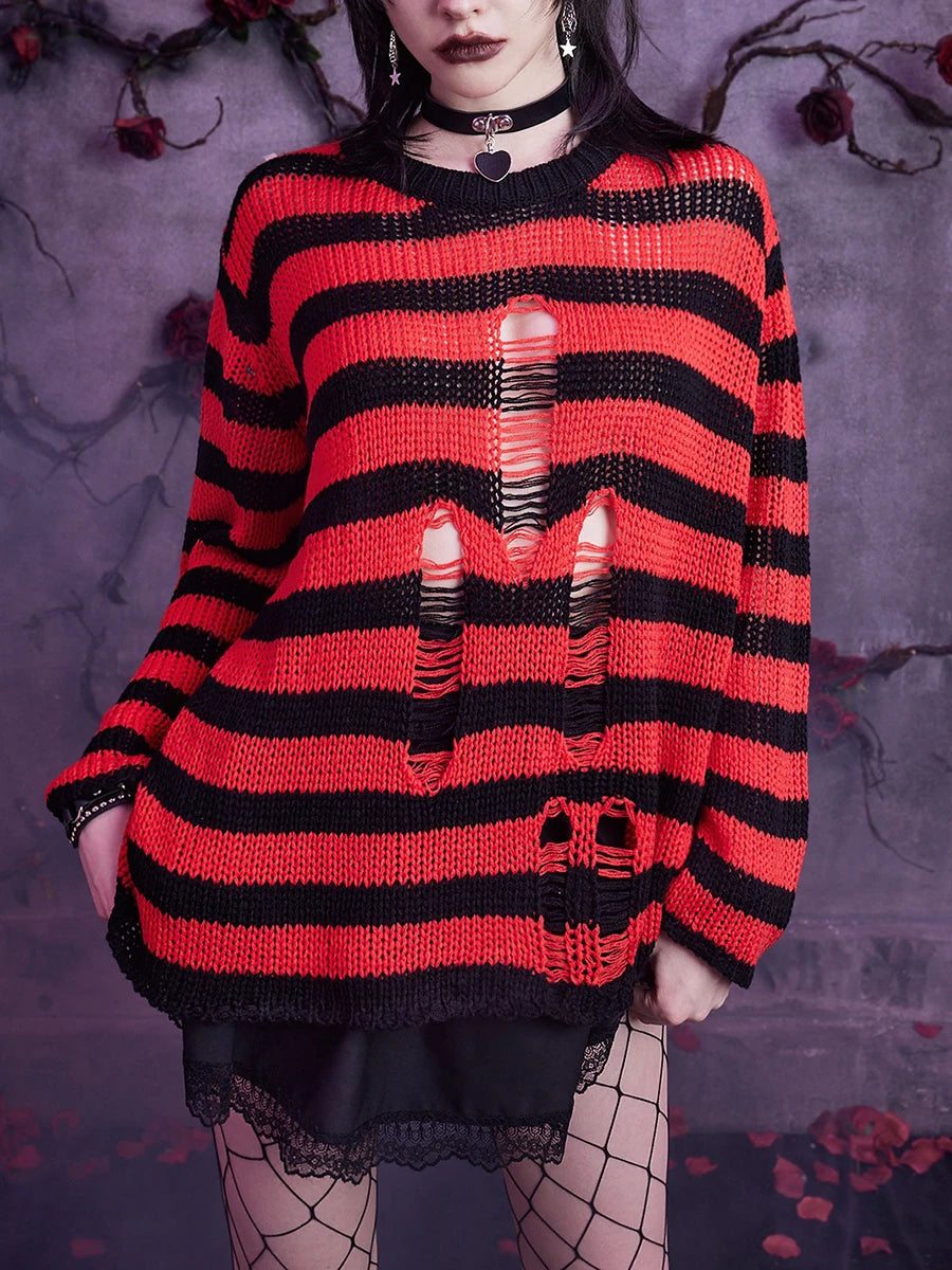 Women Knit Sweater Long Sleeve Crew Neck Striped Ripped Pullover Tops Streetwear