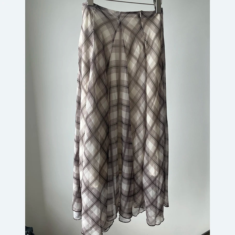 Flowing Check Midi Skirt 2025 Spring Summer New Retro Long Skirt Seaside Holiday Casual Brown Women Clothing