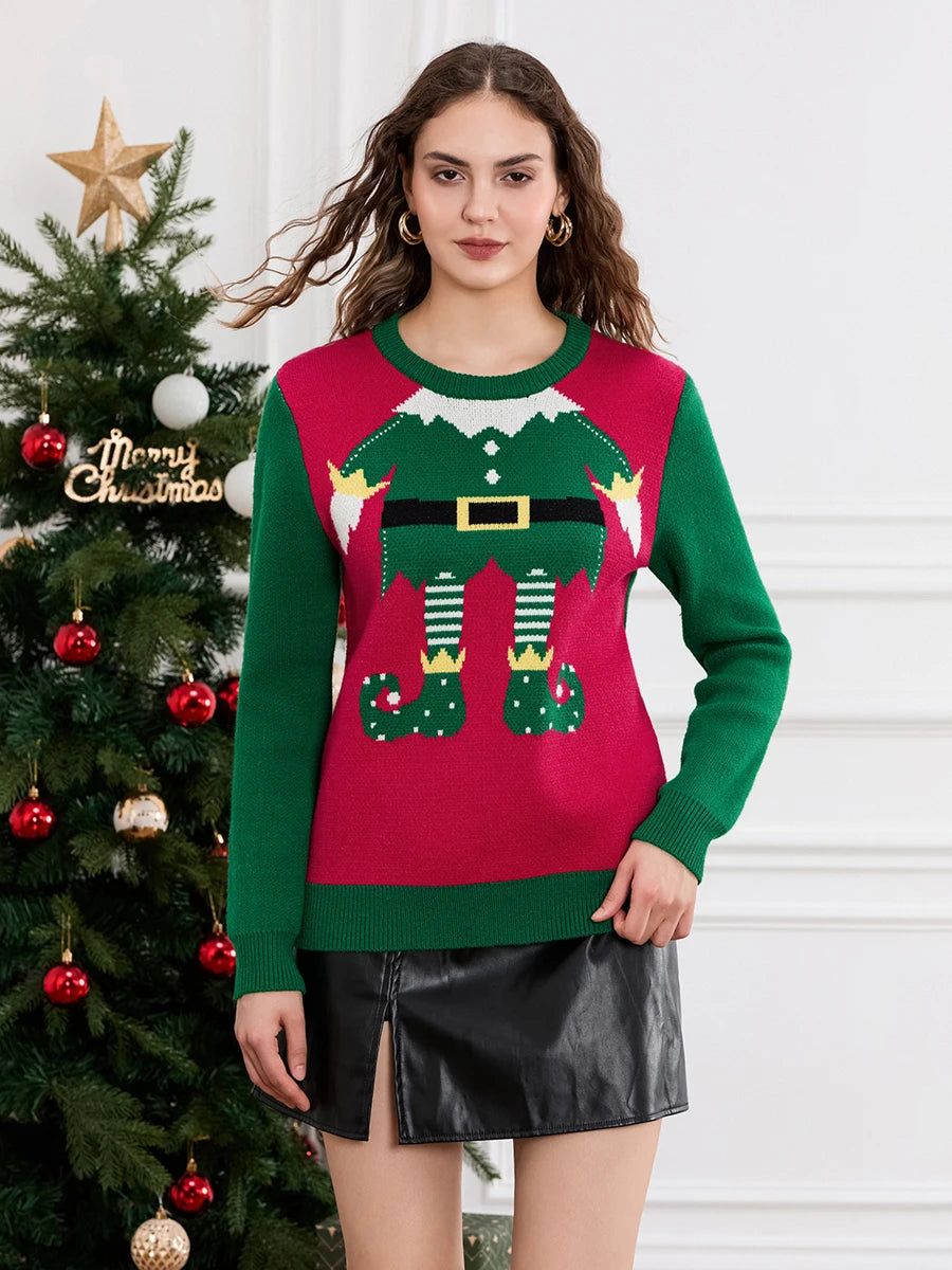 Women s Festive Reindeer Print Christmas Sweater Cozy Crew Neck Knit Pullover Winter Holiday Fashion for Casual Wear
