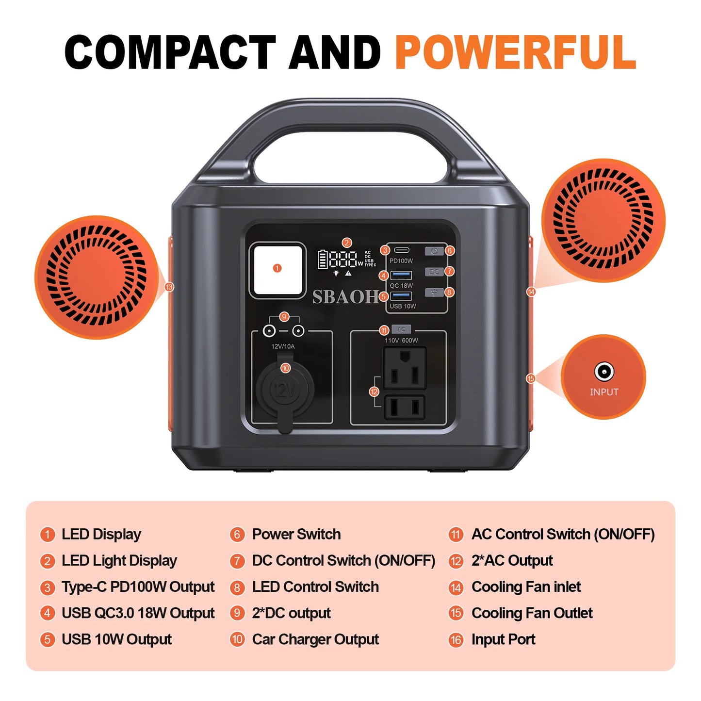 538.7Wh 600W Portable Outdoor Power Station with Solar Charging Input, 100W PD USB-C, QC3.0, AC Power Outlet, Outdoor Camping Ho