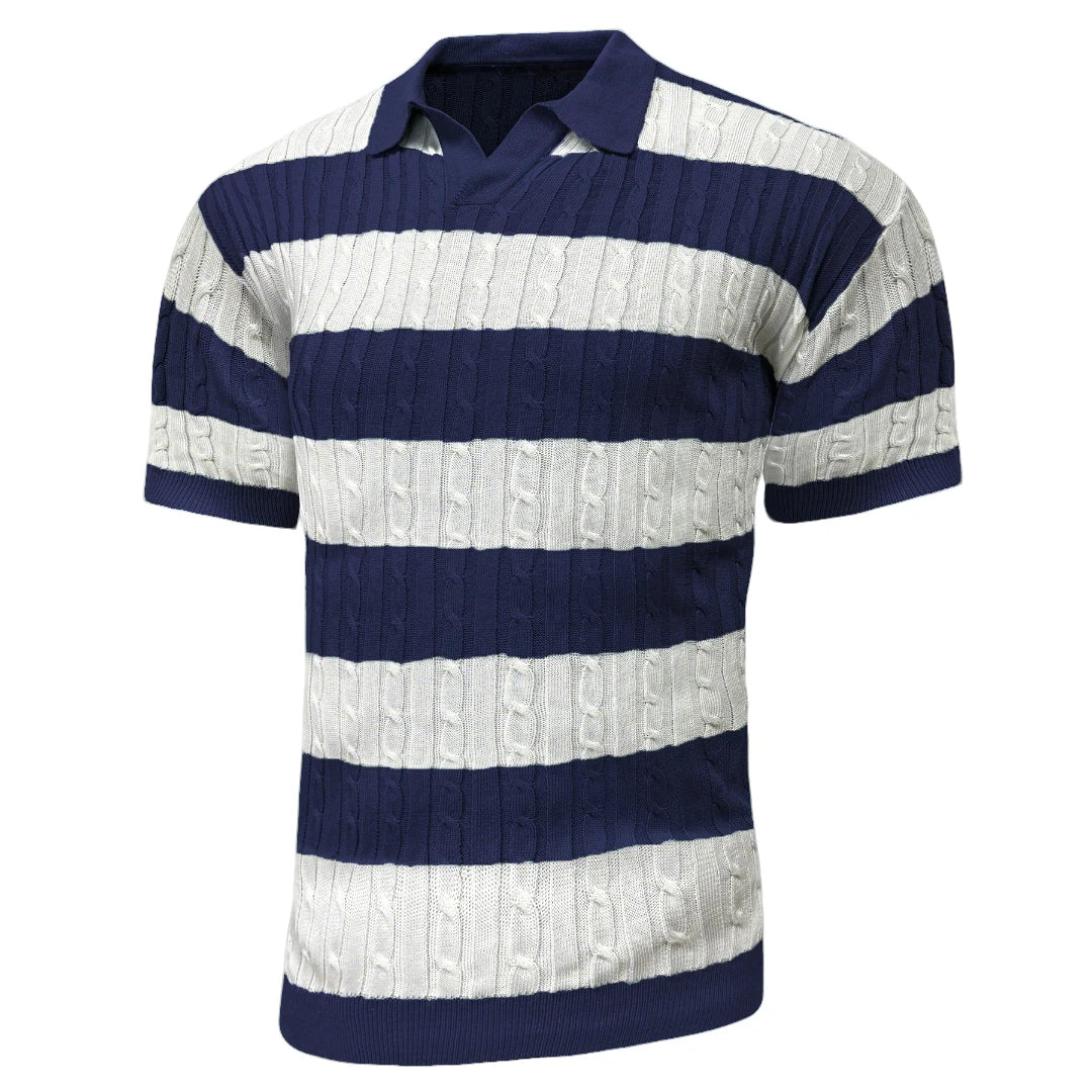Men's Polo Short Sleeve Retro Knit Lapel Striped Short Sleeve Fashion Popular Knitwear Casual Breathable Top US Size