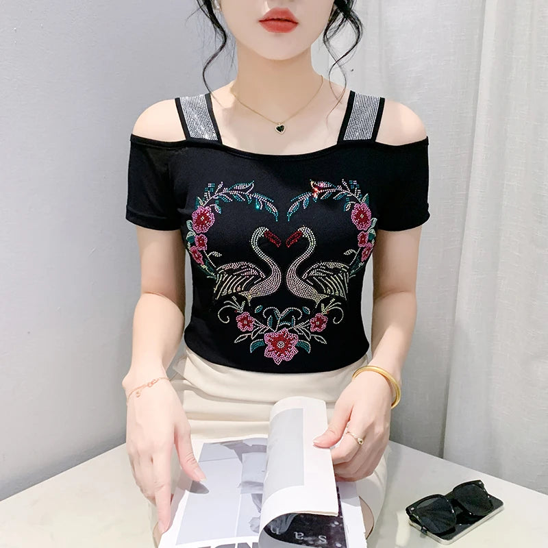 New Ladies Clothes Butterfly Letter Design T-Shirt Sexy Off Shoulder Shiny Diamonds Women Chic Mesh Tops Tees Shirts