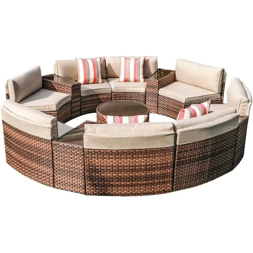 Outdoor Patio Furniture Set,13-Piece Round Sectional Sofa,with 4 Side Table and Pillows, Curved Wicker Sofa