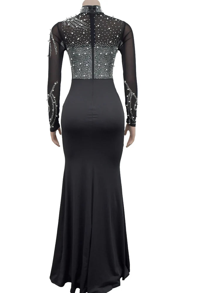 Beyprern Women's Crystal Embellished High Slit Long Maxi Dress Gown Glam Long Sleeve Diamonds Party Dress Celebrities Outfits