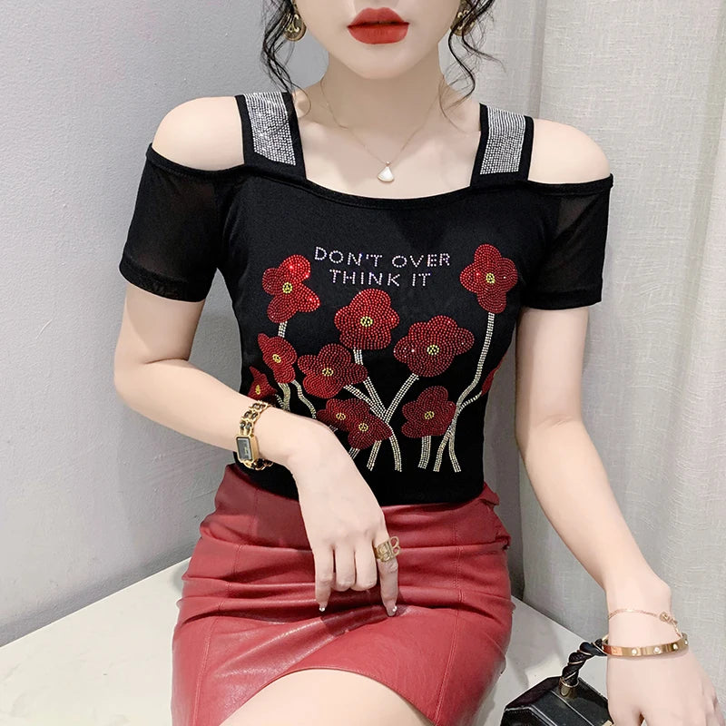 New Ladies Clothes Butterfly Letter Design T-Shirt Sexy Off Shoulder Shiny Diamonds Women Chic Mesh Tops Tees Shirts