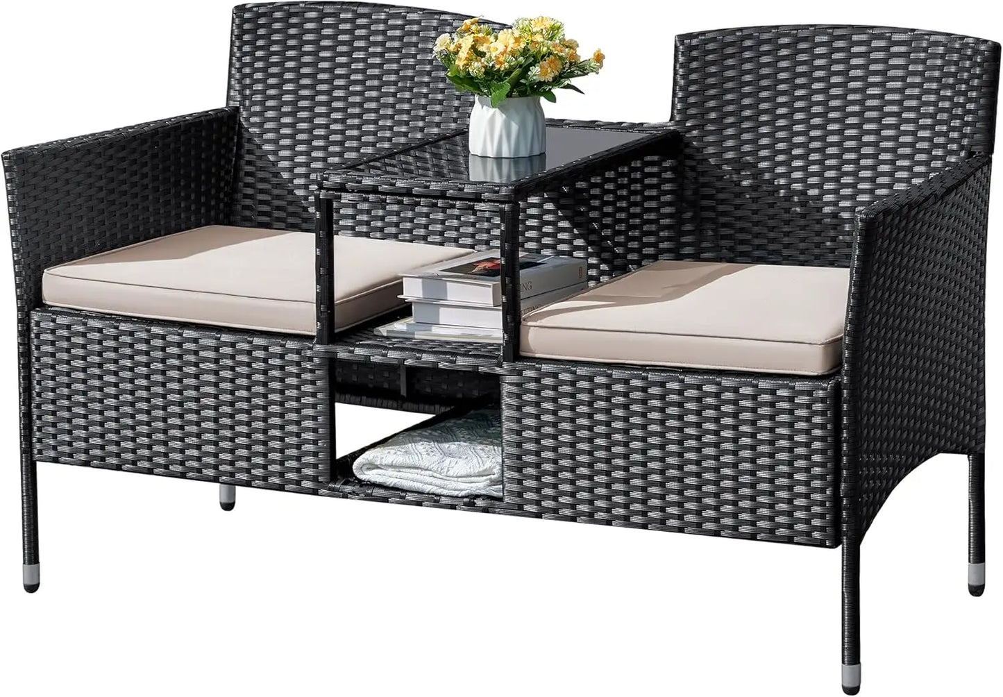 Outdoor Furniture Patio Loveseat Wicker 2-Seat with Built-in Table and Cushions Rattan Porch Chairs Bench for Balcony, Lawn,