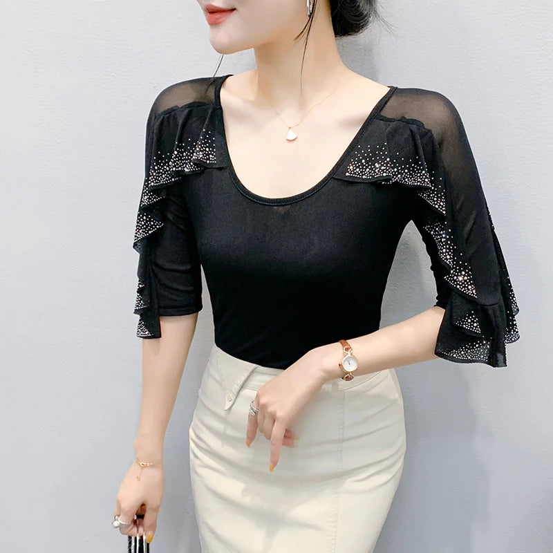 2025 Spring Summer Mesh Tops Korean Fashion Round Neck Patchwork Lotus Leaf Ruffles Shirt Hot Diamond Women T Shirt