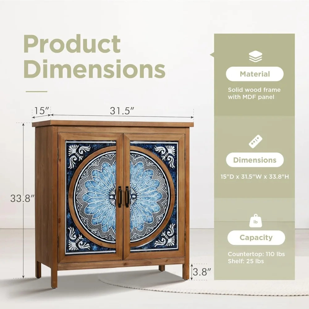 Popular 2-Door Accent Cabinet, Distressed Storage Cabinet with Blue and White Porcelain Pattern for Entryway Living Room