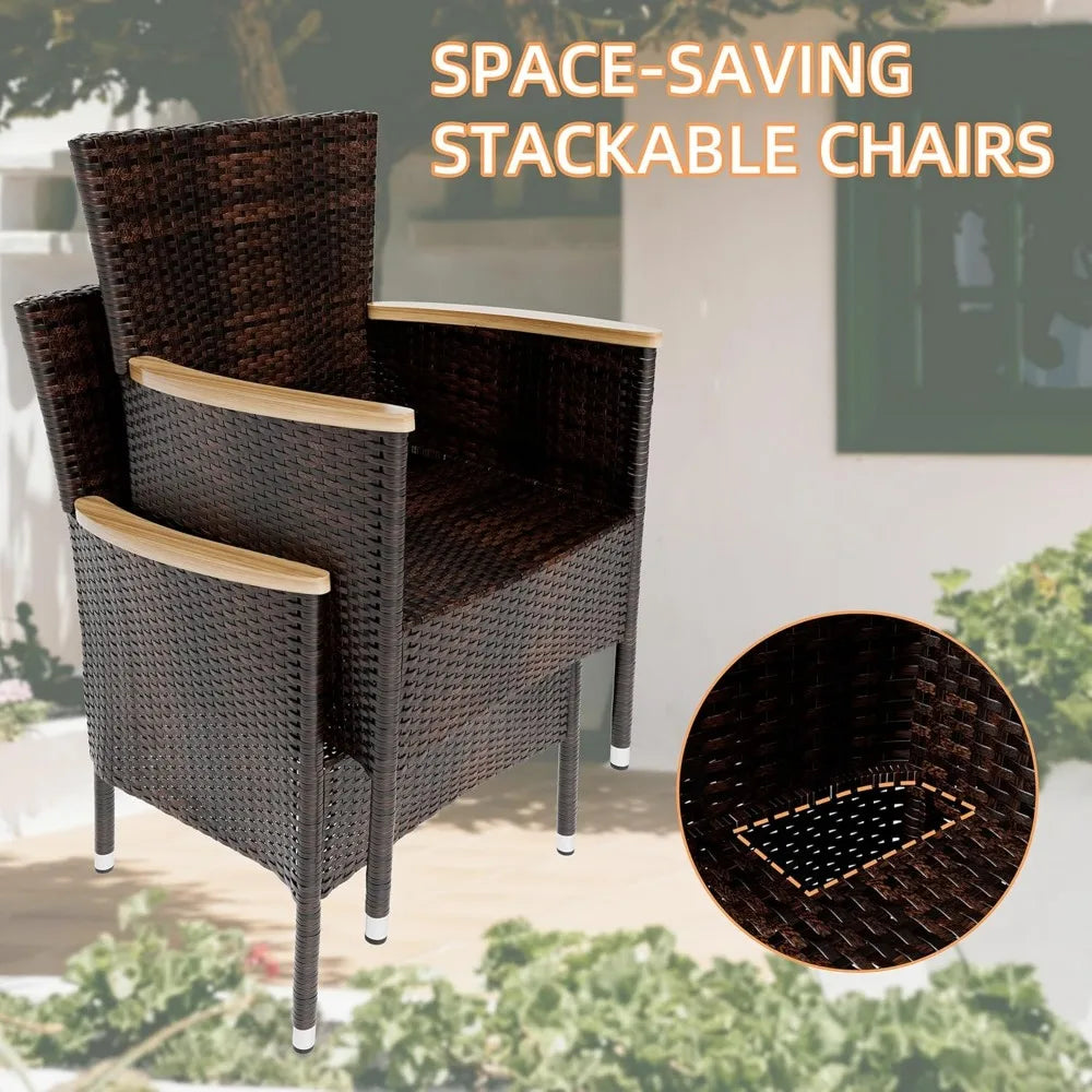 Wicker Patio Furniture Set with Wood Table and 6 Chairs with Soft Cushions for Yard, Garden, 7 Pieces Outdoor Patio Dining Set