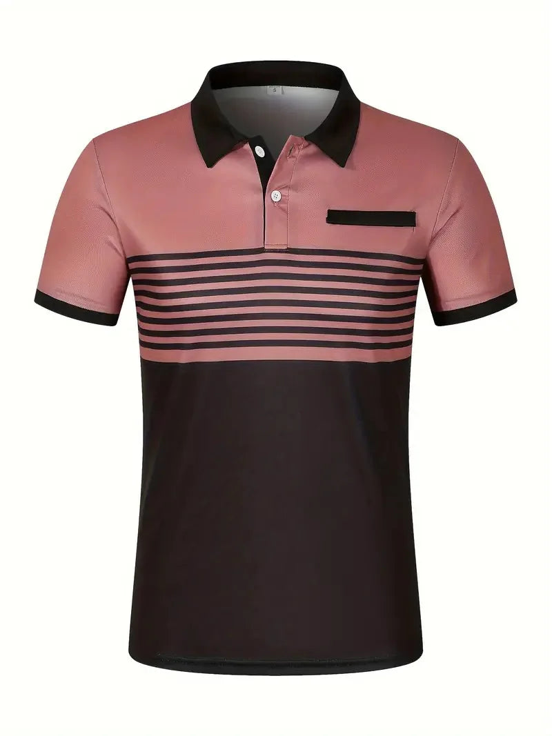 2024 short sleeved summer new item, men's casual polo shirt, V-neck button striped color blocked versatile T-shirt top