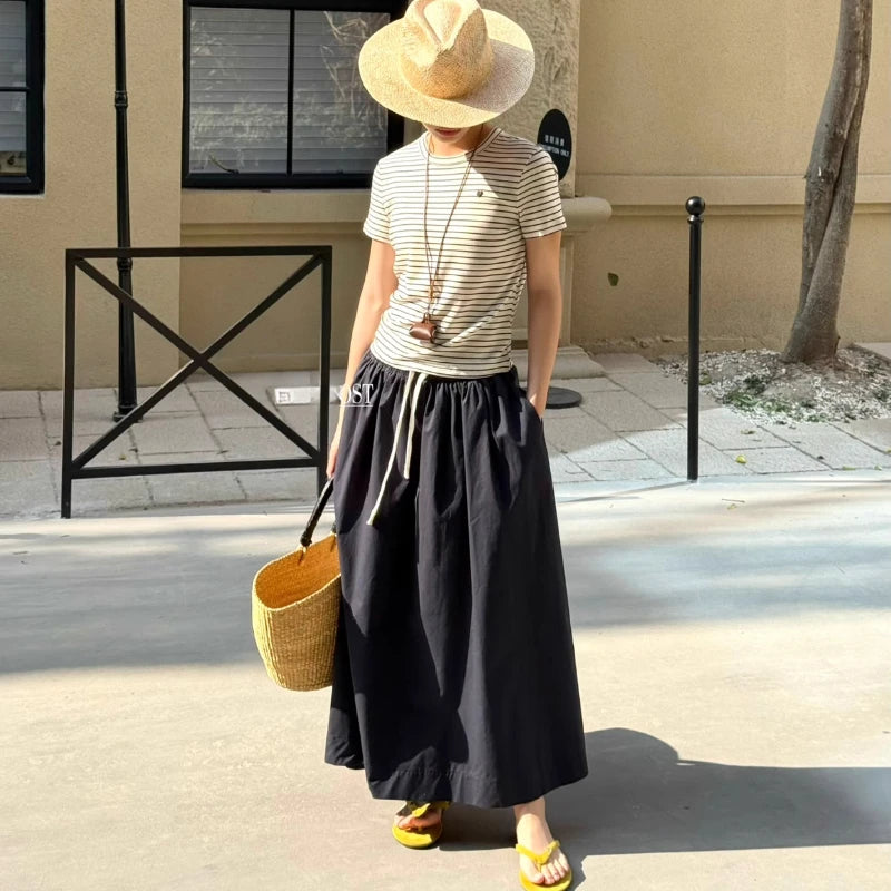 Women Elastic Waist Skirts with Drawstring High Waist Casual Yellow Midi Skirt 2025 New In