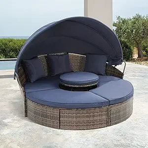 Outdoor Patio Rattan Round Daybed with Retractable Canopy, Wicker Furniture Round Poolside Sofa Sunbed with Removable Cushions (