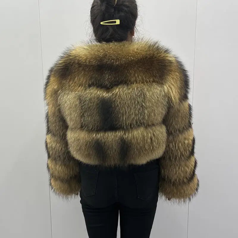 BEIZIRU Women's Short Real Raccoon Fur Coat Winter Long Sleeve Natural Luxury Thick Jacket