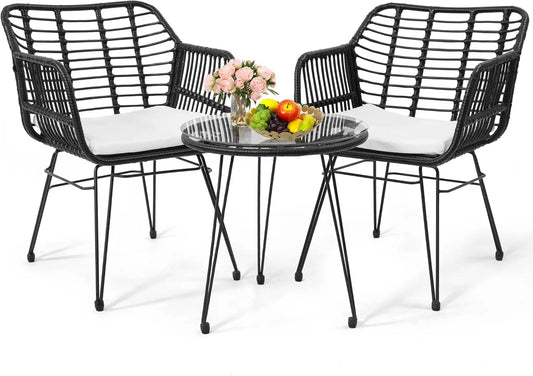 5 Piece Wicker Bistro Patio Conversation Furniture Set, Includes 2 Chairs, 2 Ottomans, and Side Table, Ideal for Porch, Balcony,