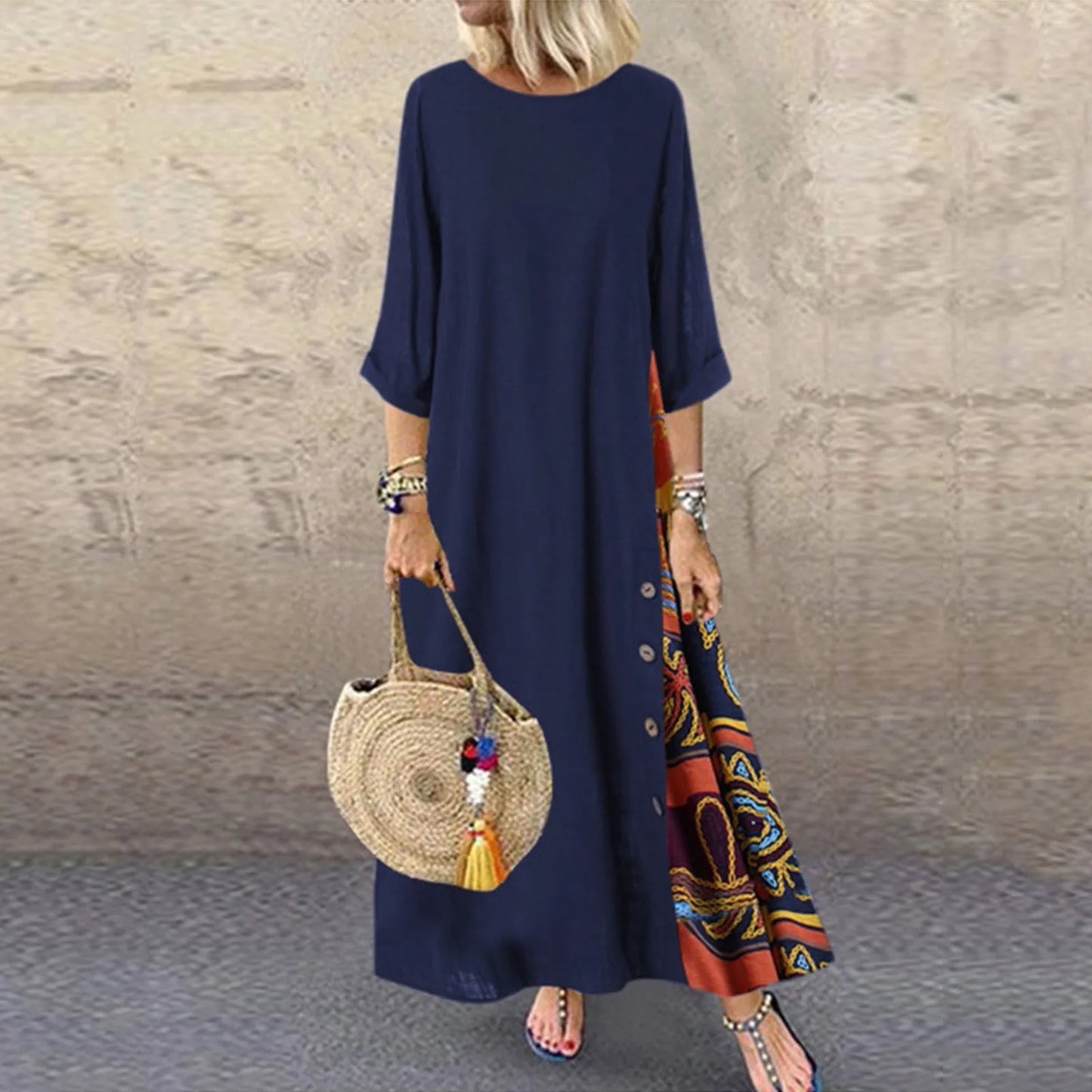 New Summer Fashion V-neck Printed Dress Women's Solid Color Pocket Casual Minimalist Beach Long Dress
