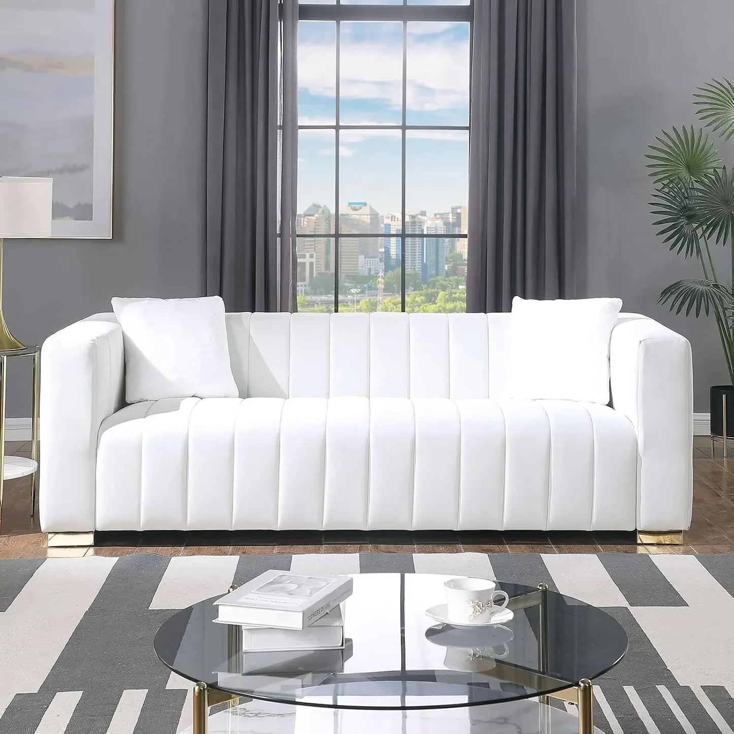 Living Room Furniture Set-2 Piece,Including Loveseat and 3-Seater Sofa Couch with Channel Tufted Velvet Fabric,4 Pillows,White