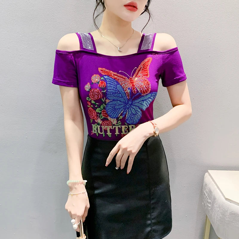 New Ladies Clothes Butterfly Letter Design T-Shirt Sexy Off Shoulder Shiny Diamonds Women Chic Mesh Tops Tees Shirts