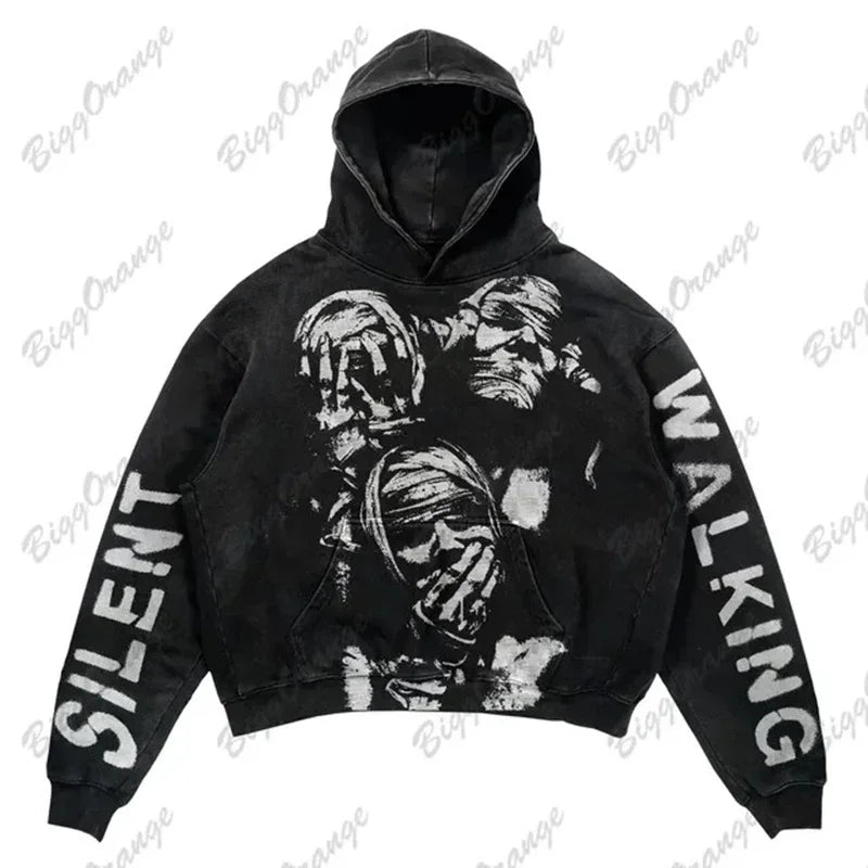 Harajuku Hand touch printing Hoodie Oversized Streetwear Tops Sweatshirt Y2k Clothes Gothic Grunge Hoodies  Men Clothing