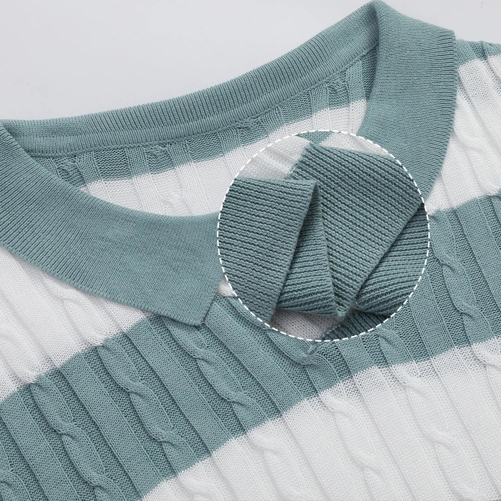 Men's Polo Short Sleeve Retro Knit Lapel Striped Short Sleeve Fashion Popular Knitwear Casual Breathable Top US Size