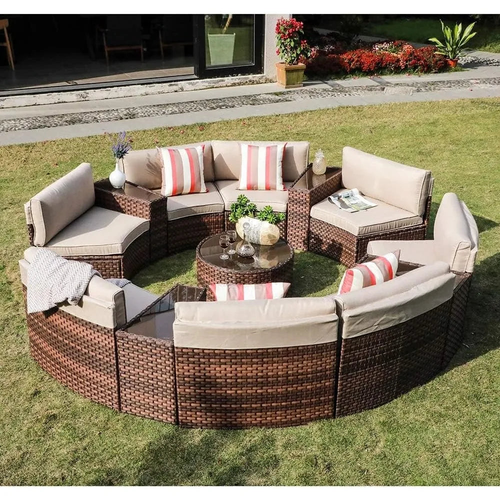 Outdoor Patio Furniture Set,13-Piece Round Sectional Sofa,with 4 Side Table and Pillows, Curved Wicker Sofa