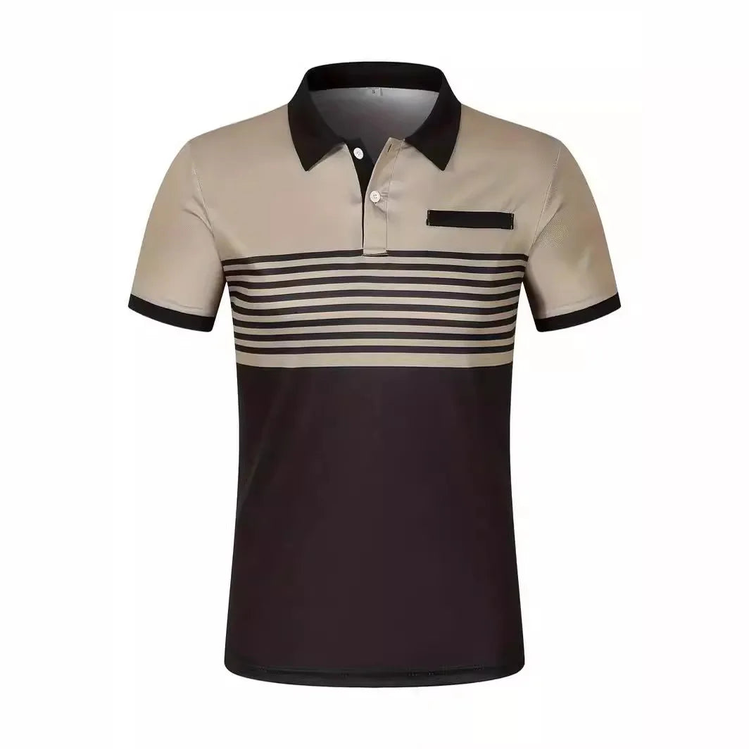 2024 short sleeved summer new item, men's casual polo shirt, V-neck button striped color blocked versatile T-shirt top