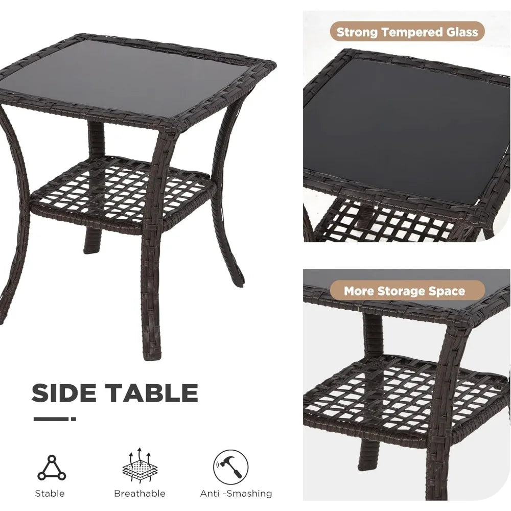 3 Piece Outdoor Swivel Chair Set, Wicker Patio Bistro Set with Thickened 25D Cushions and Glass Coffee Table, Patio Furniture C