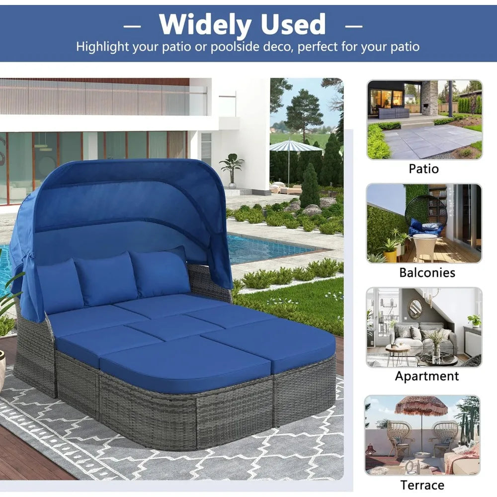 Patio Daybed with Retractable Canopy & Lift-top Table, Wicker Rattan Outdoor Furniture Conversation Set w/Upholstered