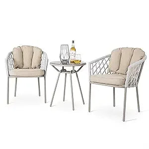 3 Piece Outdoor Patio Bistro Set, Patio Furniture Set for 1 Iron Table and 2 Dining Chairs, Balcony Furniture Patio Table