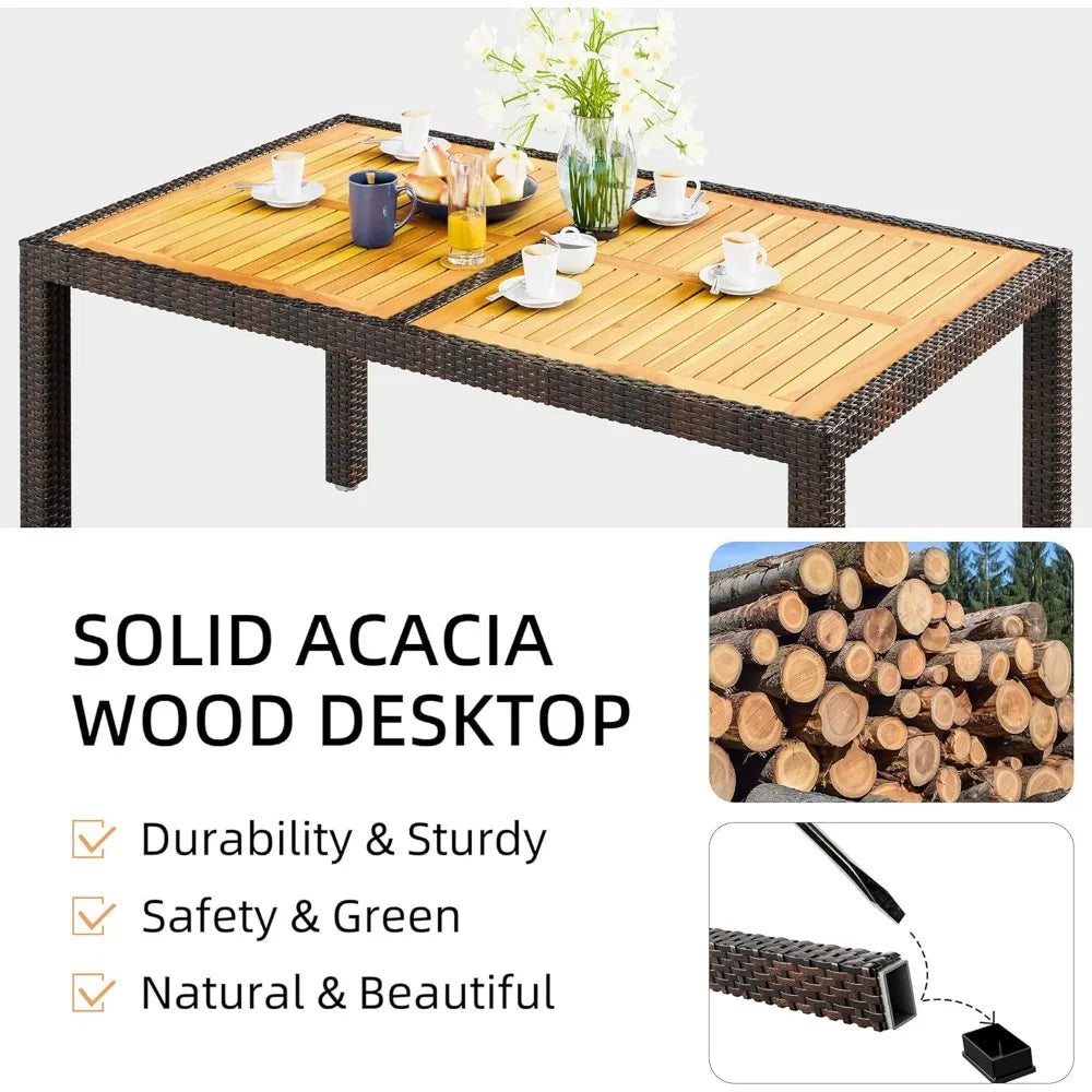 Wicker Patio Furniture Set with Wood Table and 6 Chairs with Soft Cushions for Yard, Garden, 7 Pieces Outdoor Patio Dining Set