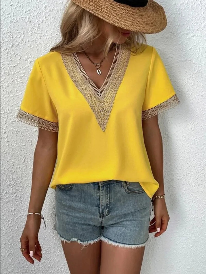 Fashion V-neck Lace T-Shirts Women Summer Casual Top Tees Harajuku Blusas Tee Shirt New Streetwear Woman Clothes Camisetas Ropa