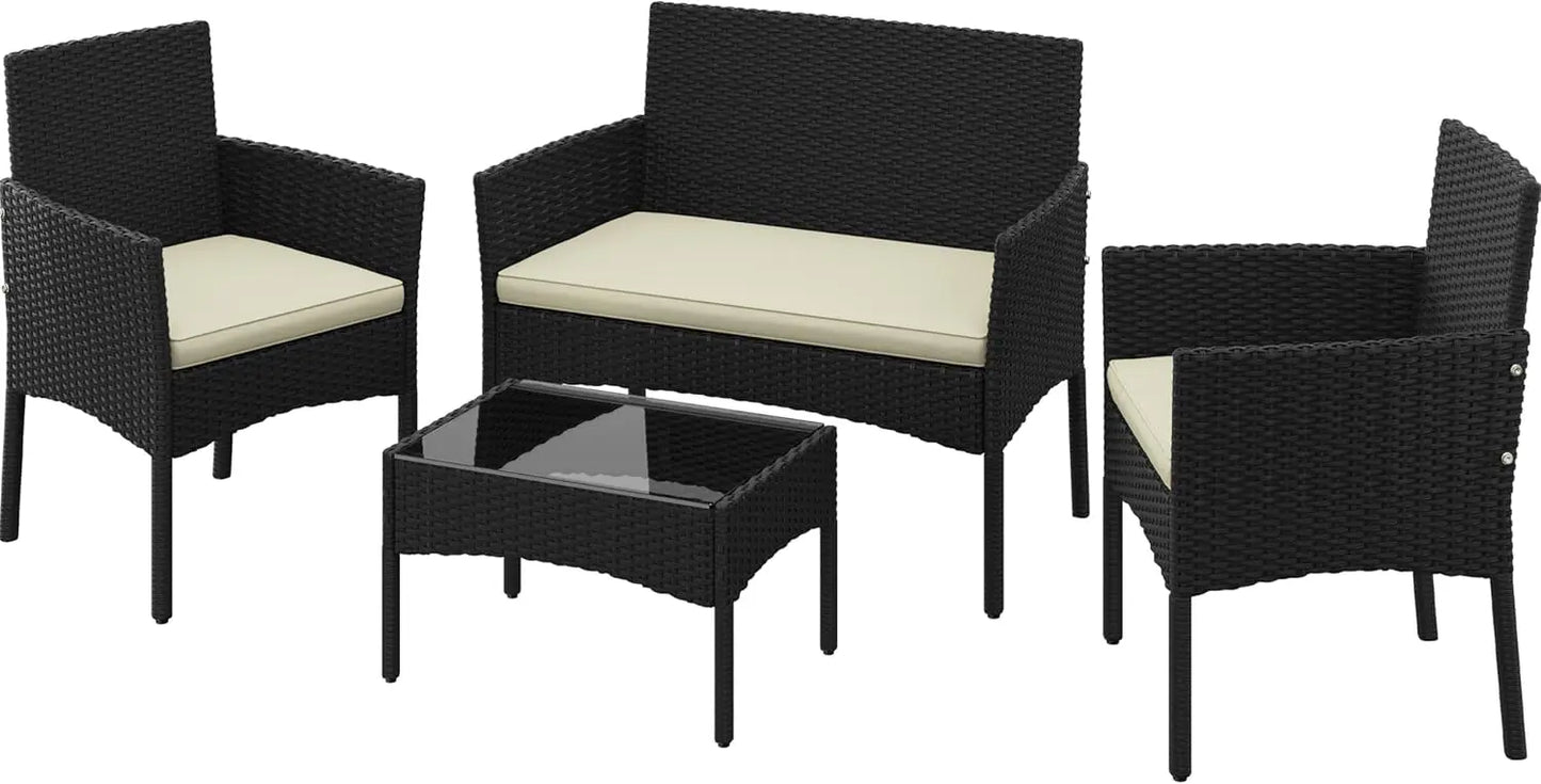 Patio Furniture Set 4 Pieces Conversation Sets, Rattan Chair Wicker Set Loveseat with Soft Cushion and Glass Table