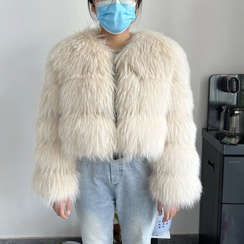 BEIZIRU Women's Short Real Raccoon Fur Coat Winter Long Sleeve Natural Luxury Thick Jacket