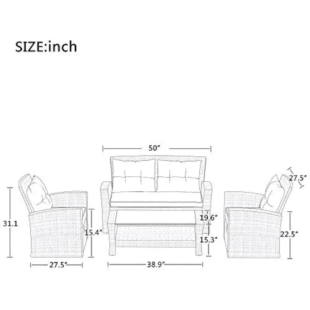 4 Pieces Patio Furniture Sets, Wicker Rattan Furniture with Glass Coffee Table & Two Ottomans, Outdoor Sectional Patio Conversat