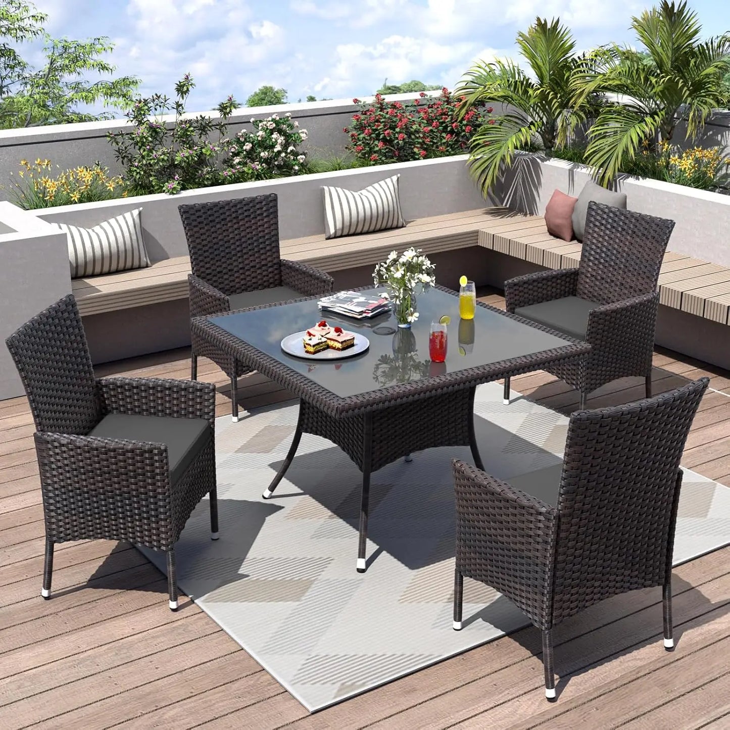 5 Piece Patio Dining Set All-Weather Wicker Outdoor Patio Furniture Set w/Tempered Glass Tabletop, Removable Cushions