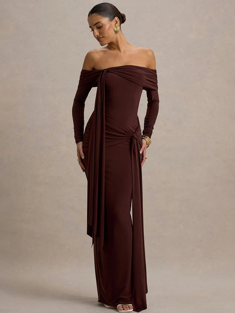 Mozision Off-shoulder Long Sleeve Sexy Maxi Dress Women Gown Autumn Fashion Strapless Backless Draped Ruched Club Long Dresses