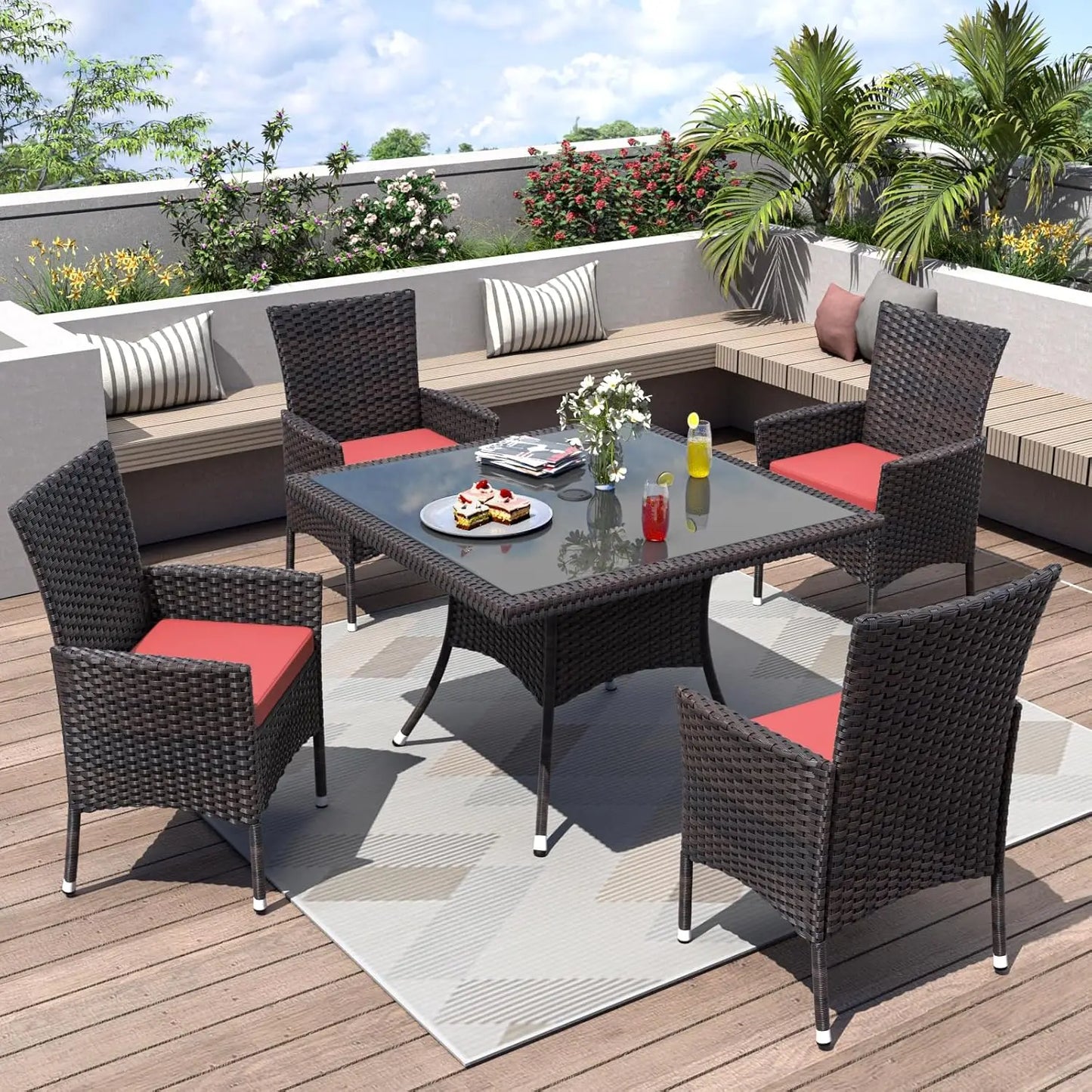 5 Piece Patio Dining Set All-Weather Wicker Outdoor Patio Furniture Set w/Tempered Glass Tabletop, Removable Cushions