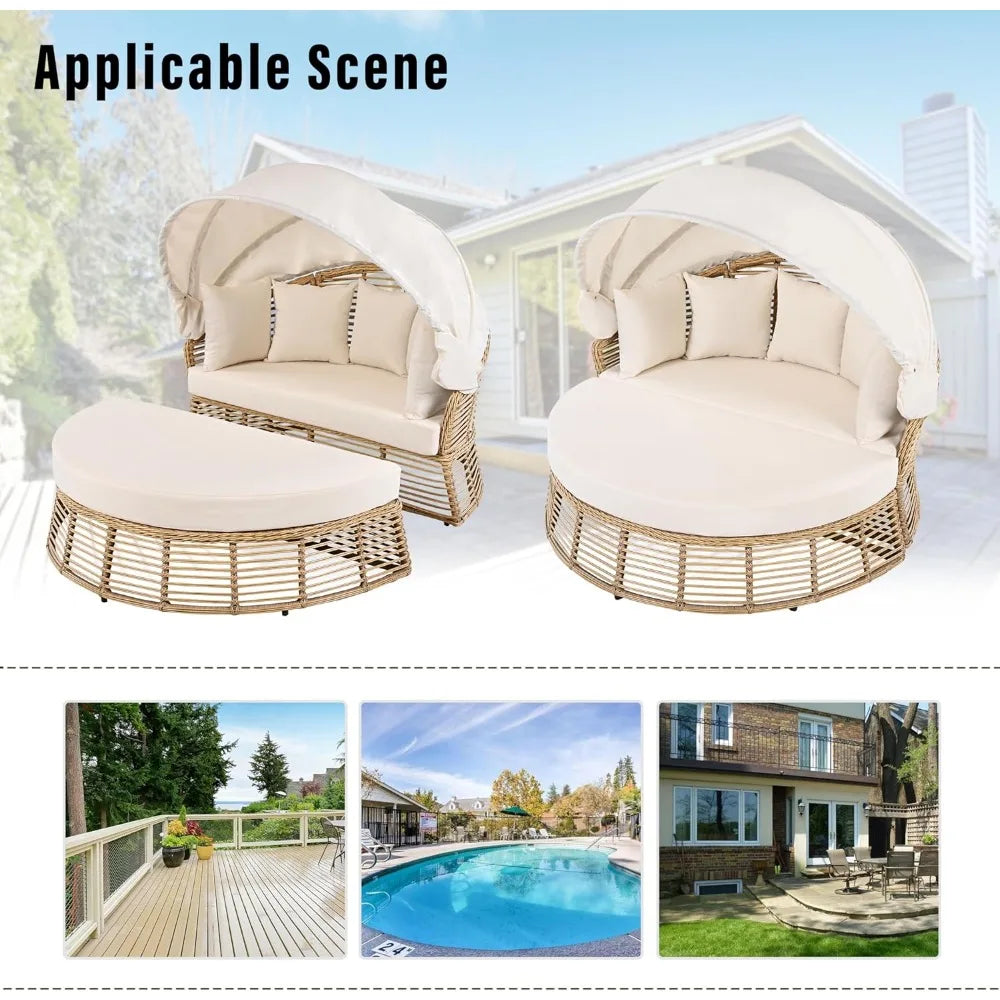 Outdoor Patio Rattan Round Daybed with Retractable Canopy, Wicker Furniture Round Poolside Sofa Sunbed with Removable Cushions (