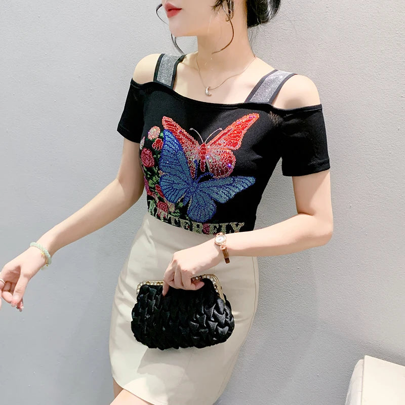 New Ladies Clothes Butterfly Letter Design T-Shirt Sexy Off Shoulder Shiny Diamonds Women Chic Mesh Tops Tees Shirts